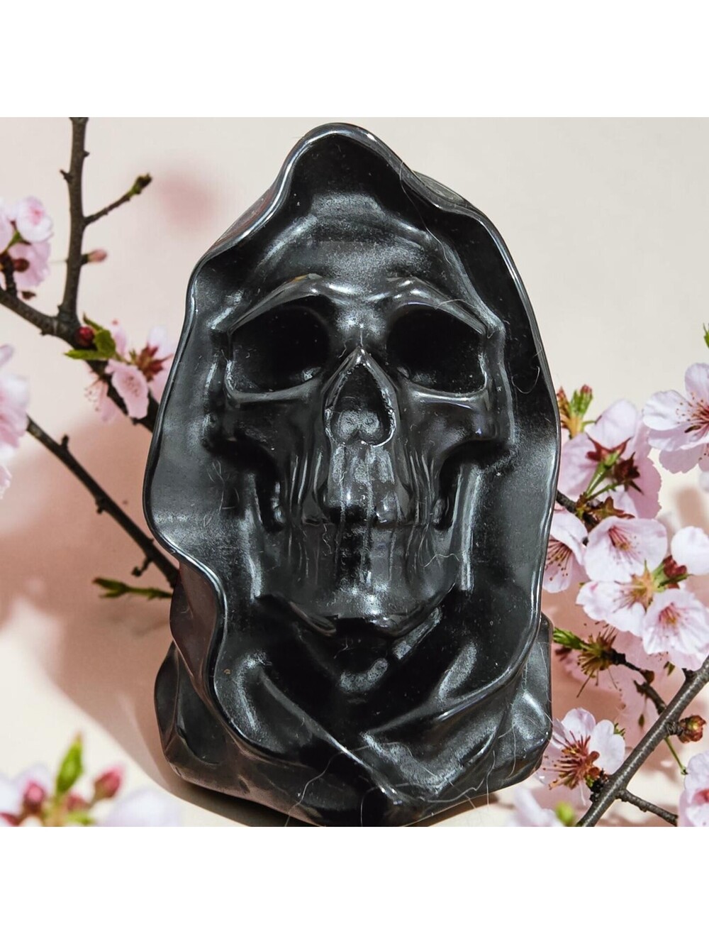 A291. Obsidian Hooded Skull Natural Crystal Carving 2.5"